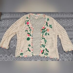 Oscar De La Renta Open Knit Cardigan With Embroidered Floral Print Size Small